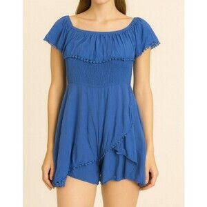 Lulus Womens Small Blissful Periwinkle Blue Off the Shoulder Smocked Romper SZ L